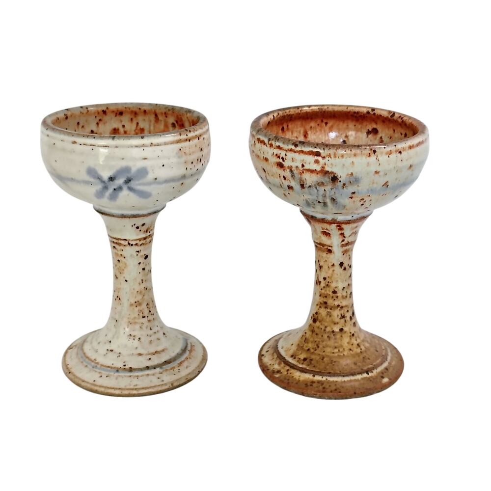 Studio Art Pottery Glaze Brown White Speckle Wine Glass Goblet Pair Signed Fiyd